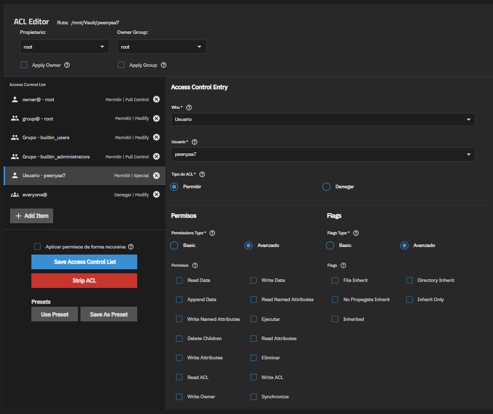 Interfaz de NFSv4 ACL en TrueNAS