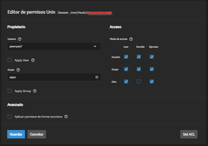 Interfaz permisos Unix en TrueNAS